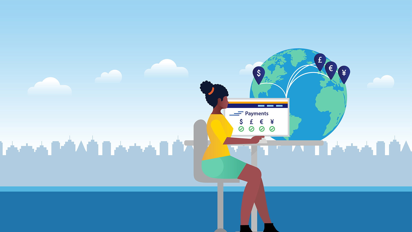 An illustration of a woman sending money to another woman, in a different part of the world.