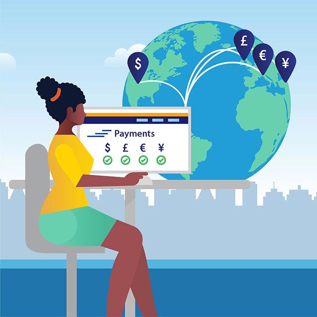 A conceptual illustration depicts two phones transferring money around the world.